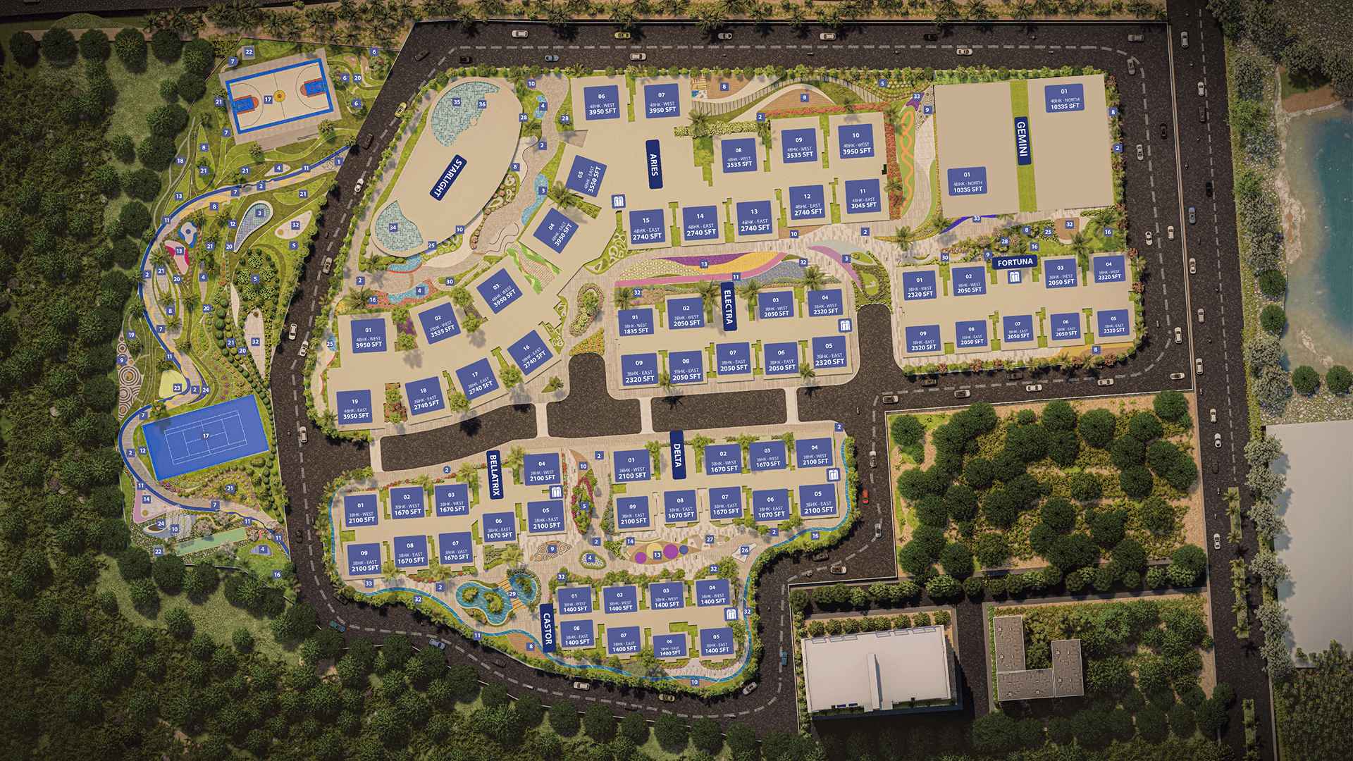 Moonglade master plan — 14-acre site layout with 7 towers, Starlight Clubhouse and amenity zones in Kokapet